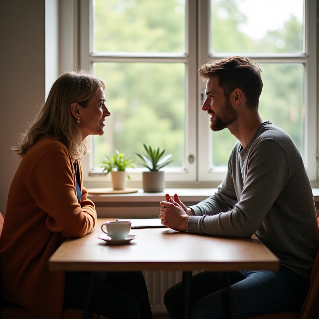 Dos personas manteniendo una conversación de feedback en oficina