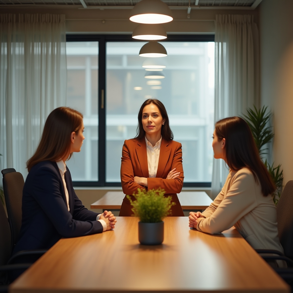 Reunión de equipo gestionando un desacuerdo alrededor de una mesa