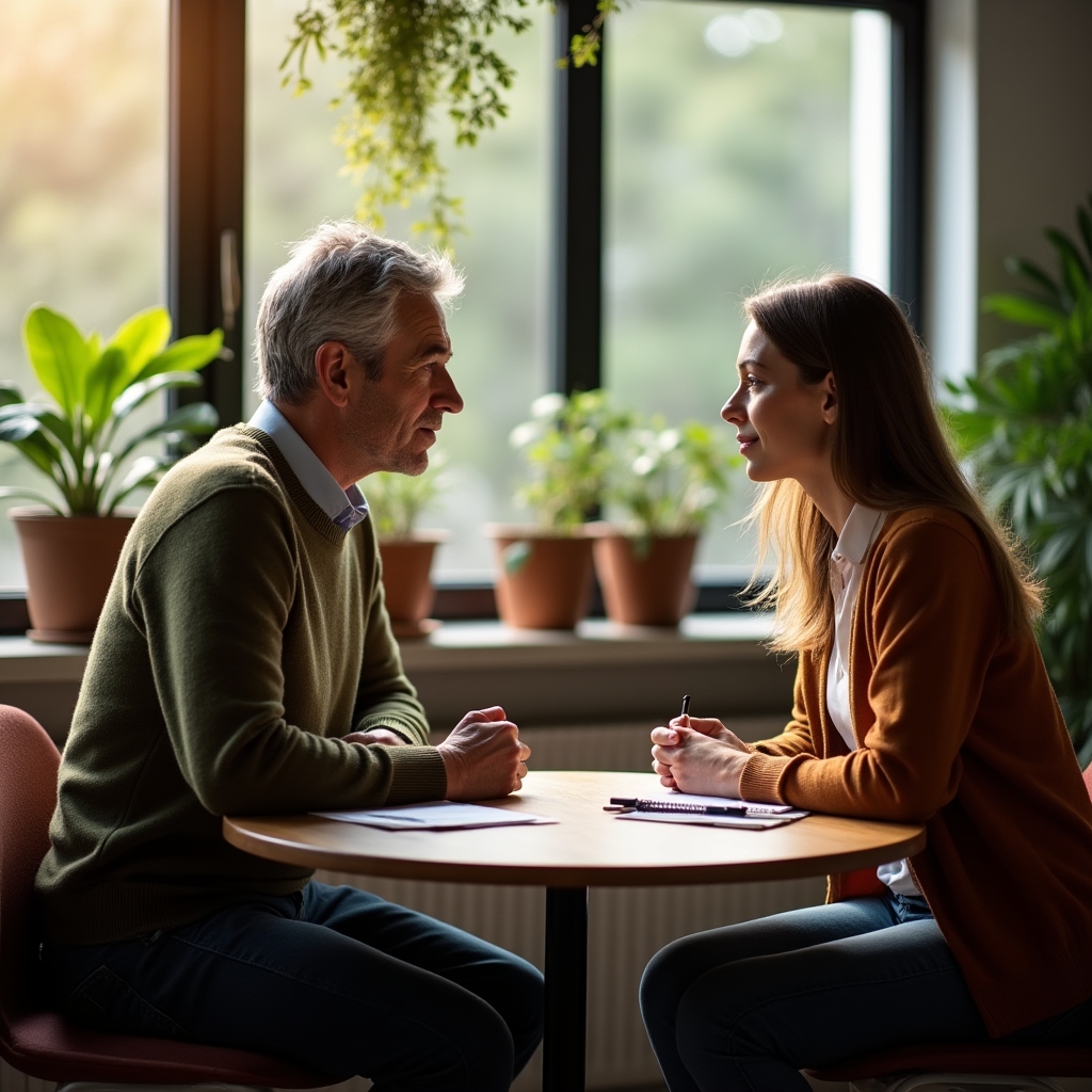 Sesión de mentoría uno a uno entre un responsable de equipo y su mentor