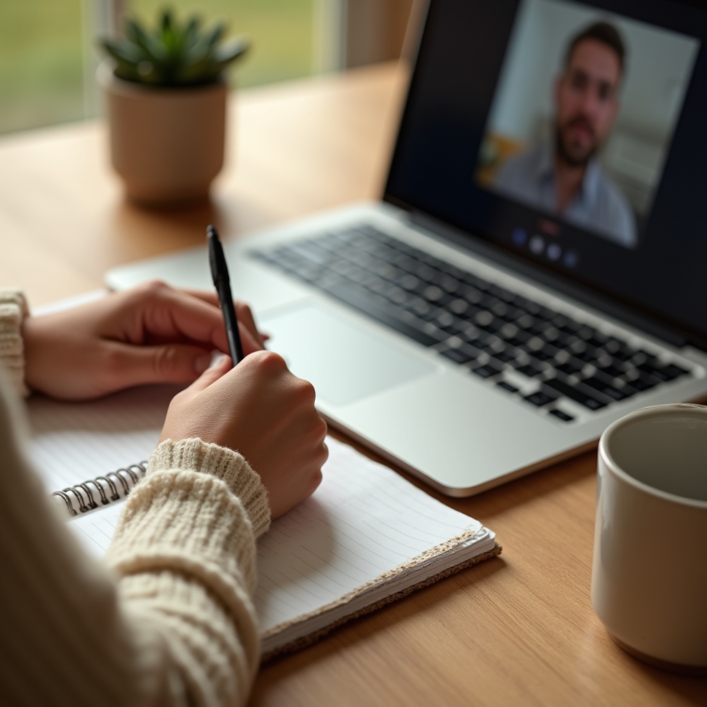 Persona tomando notas frente a un portátil durante un webinario