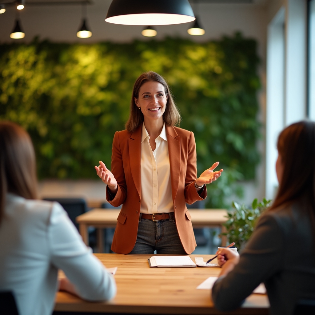 Nueva responsable de equipo dirigiendo una reunión con su grupo